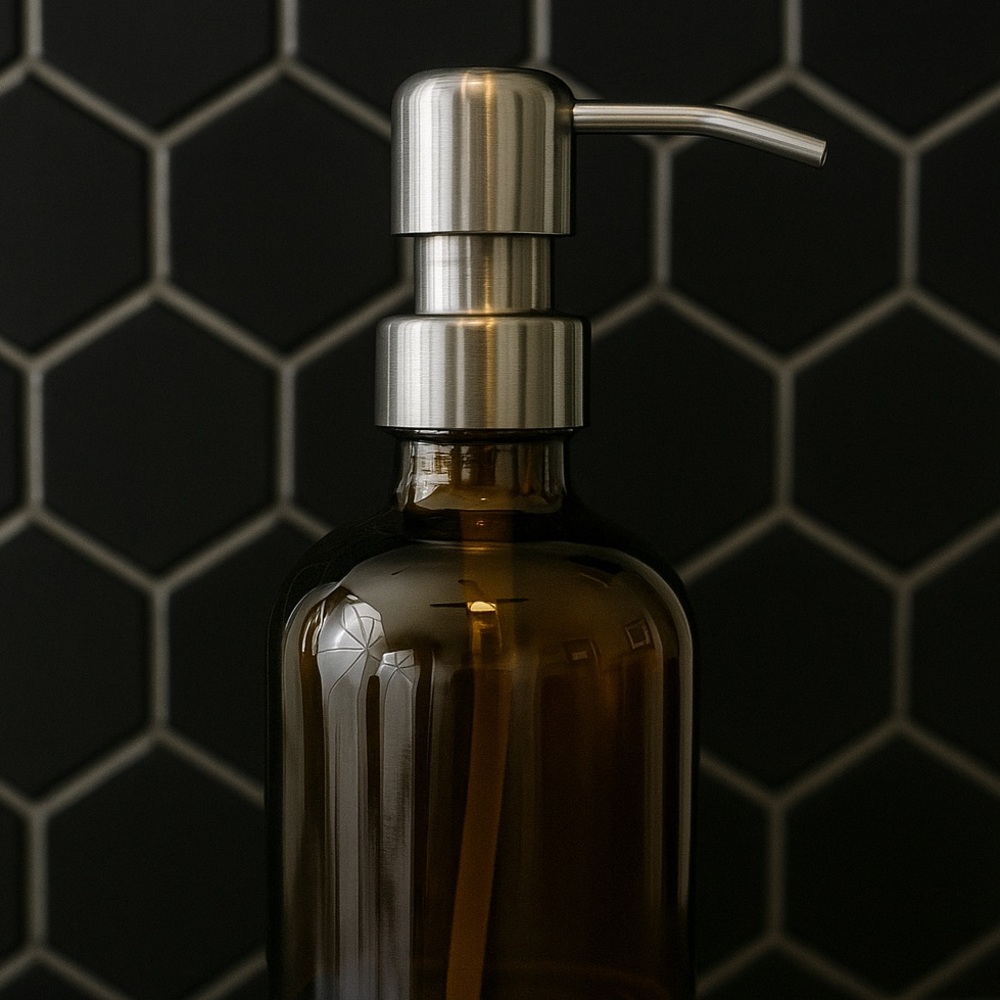 SET OF 2: 16 OZ. GLASS SOAP DISPENSERS W/ METAL PUMP (AMBER GLASS/SILVER…